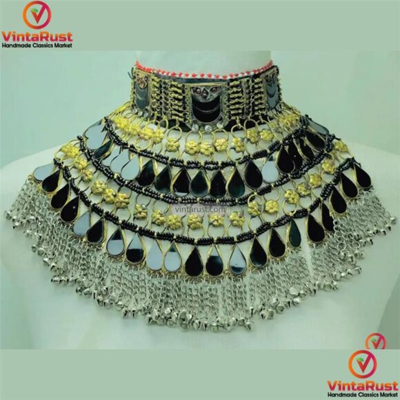 Black Kuchi Choker Afghan Necklace, Tribal Handmade Bib Style Necklace - Picture 1 of 10